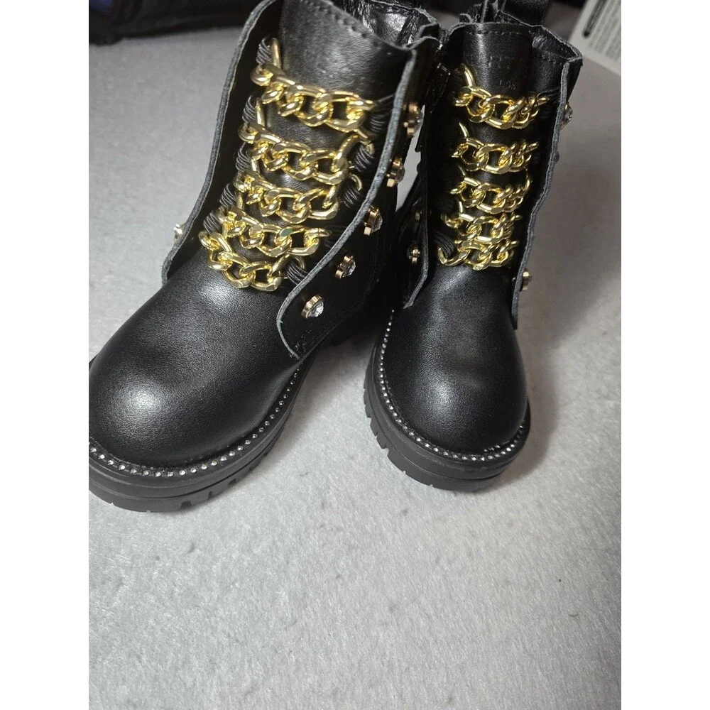 Kurt Geiger London Mini Bax Girls Black Leather Chain Combat Boots Size 7 NWT